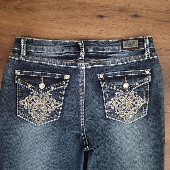 Earl Jeans Womens Size 8 Blue Bootcut Mid Rise Flap Pocket Rhinestone Denim - Picture 2 of 12